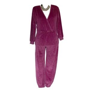 Kondi Velour Wrap Jumpsuit M Burgundy Long Sleeve Elastic Waist Jogger Hem Boho